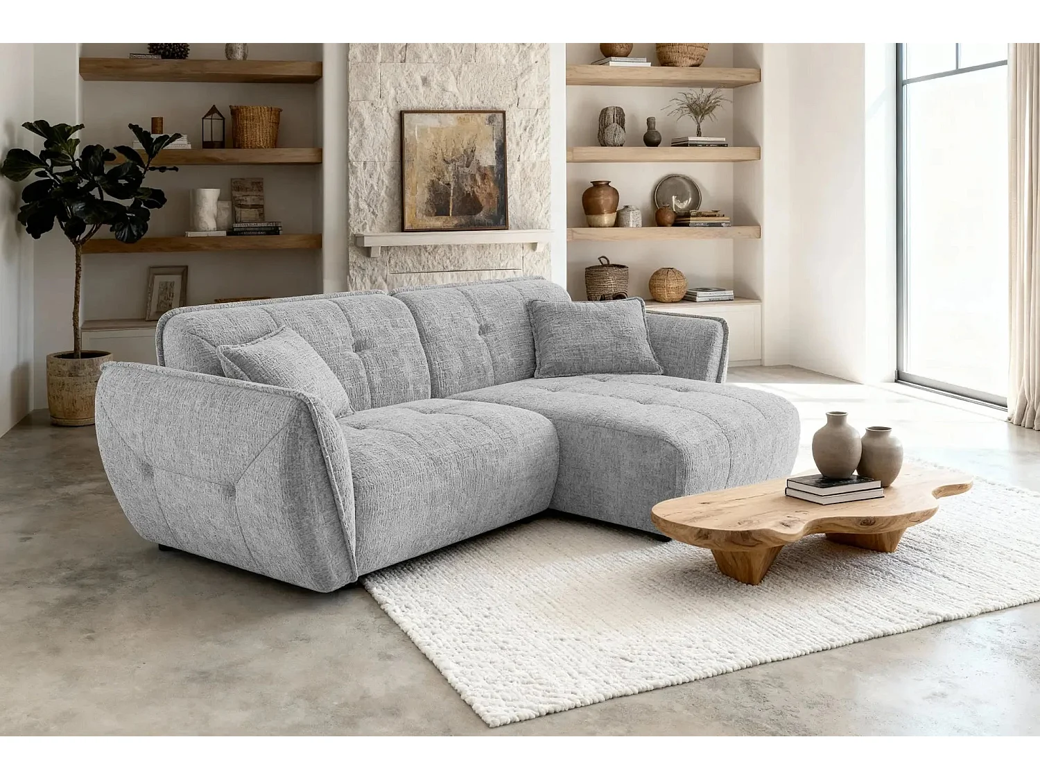 MONA - Canapé d'angle tissu chenille 4 places Gris clair Droit