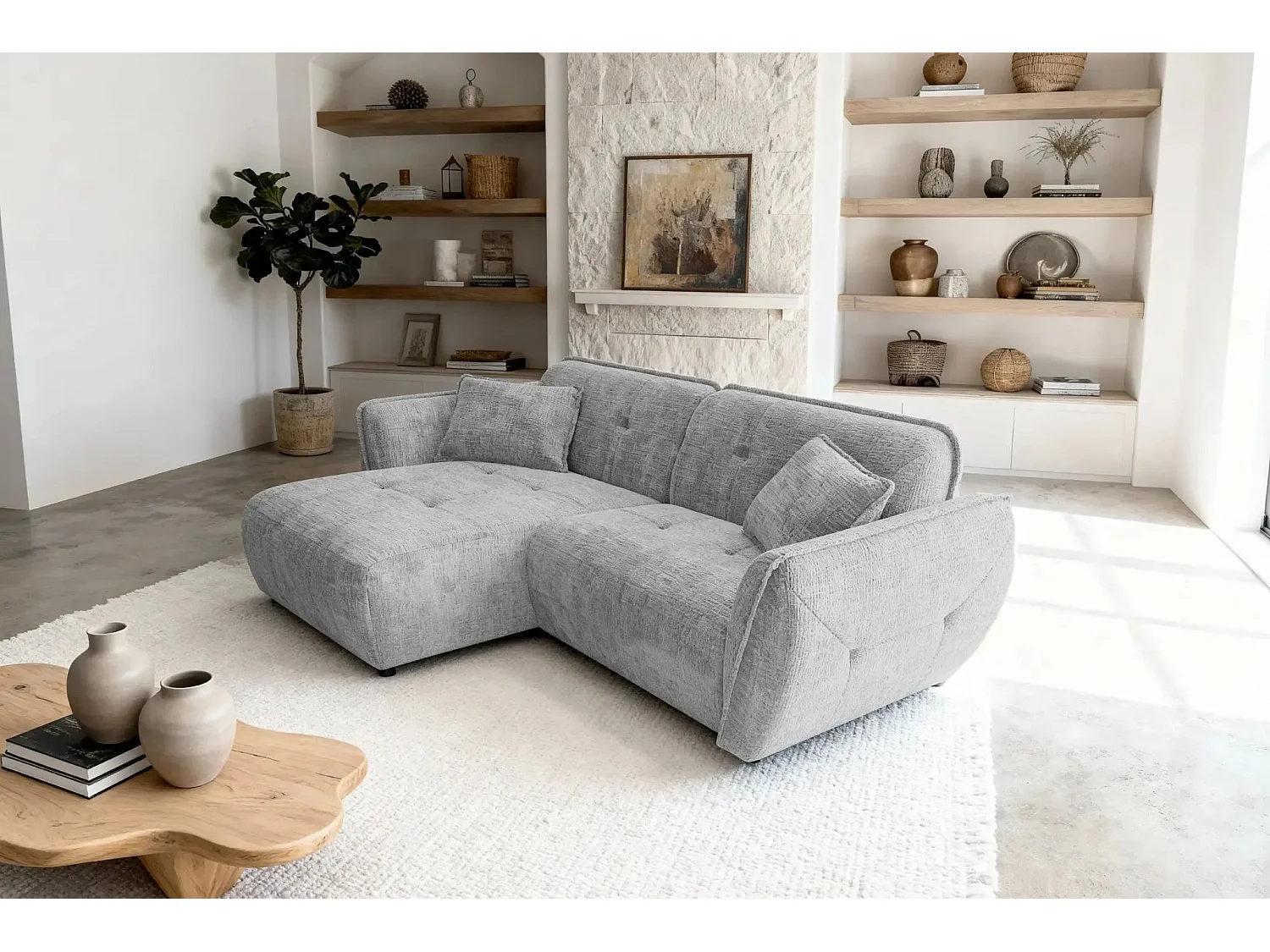 MONA - Canapé d'angle tissu chenille 4 places Gris clair Droit