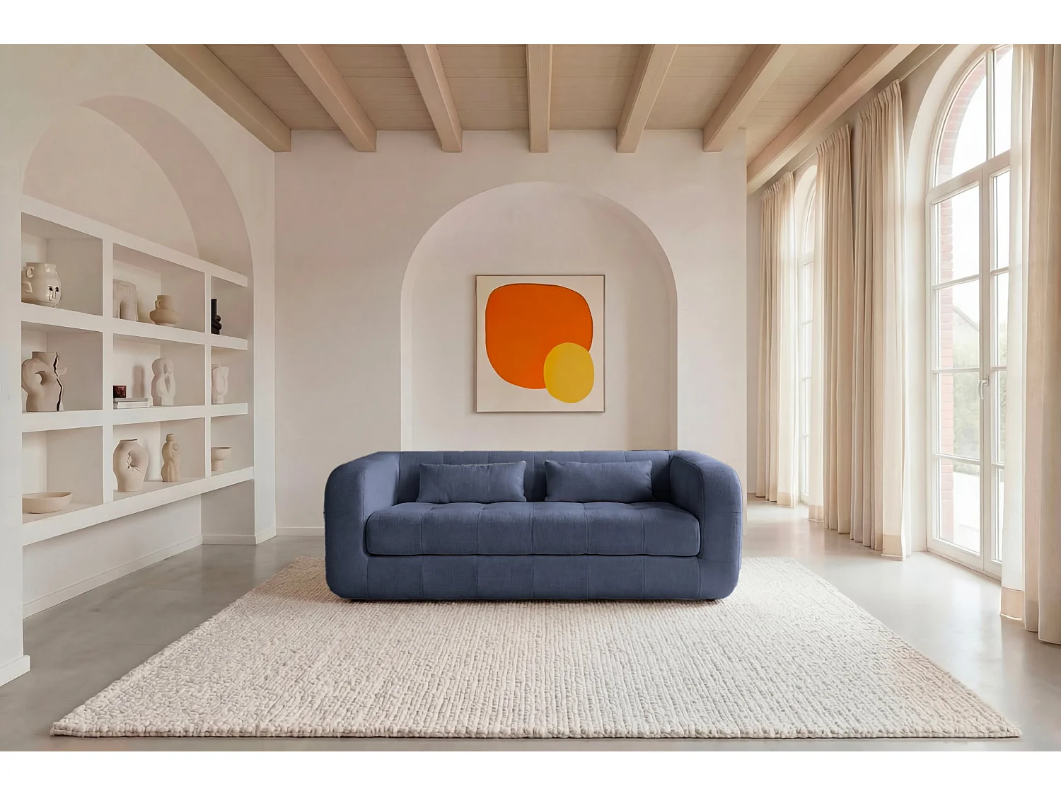 ARLETTE - Canapé droit tissu chenille 3 places - Bleu