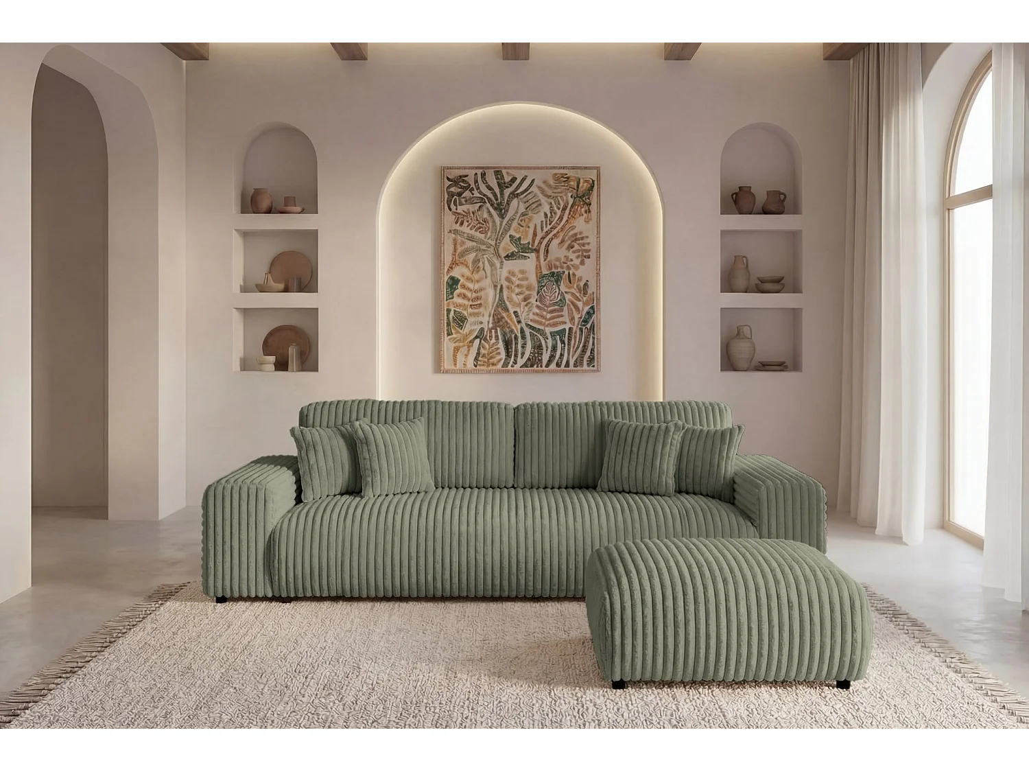 CAISA - Groene ribfluwelen poef 88x88x37 cm