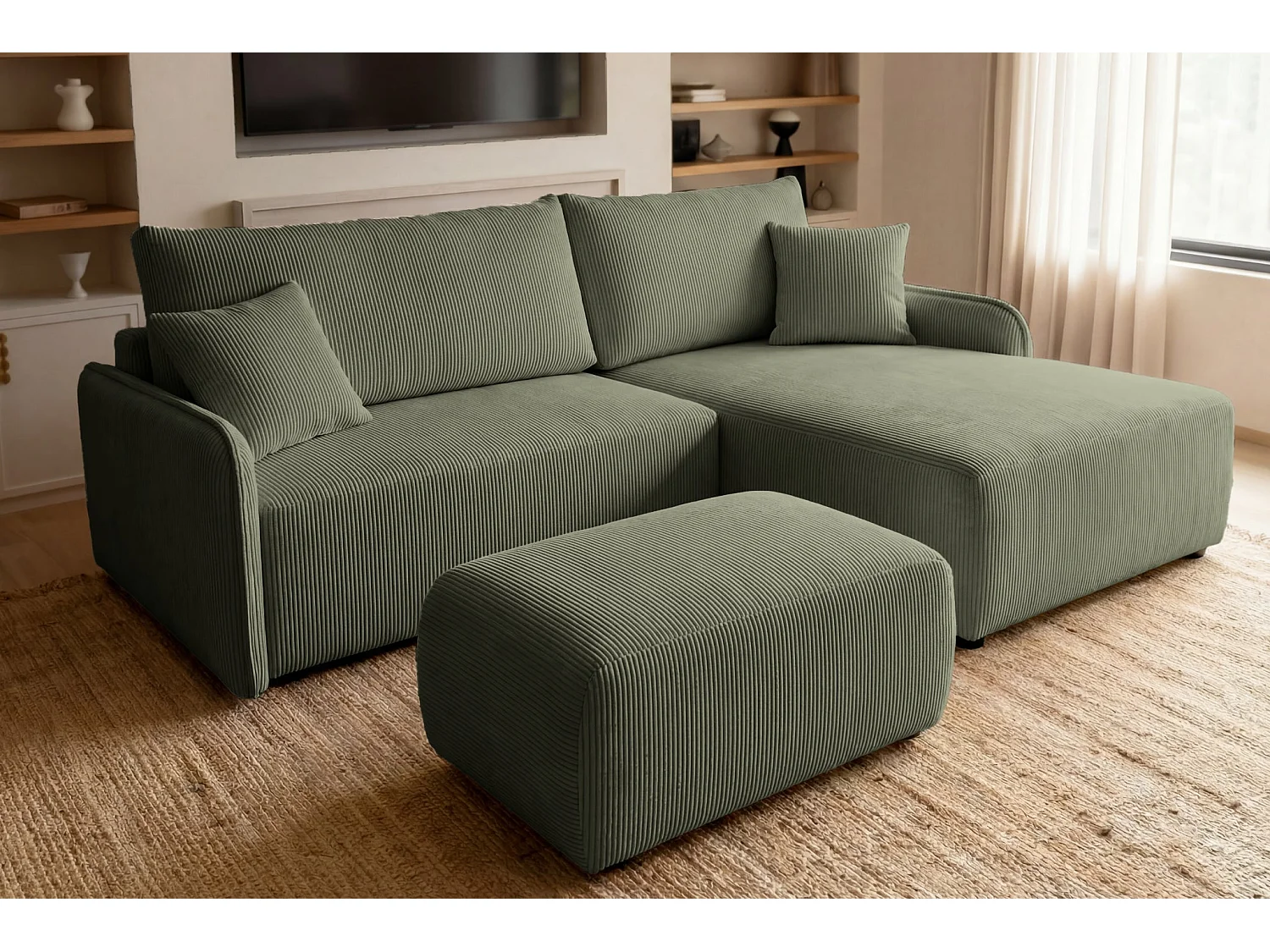 SACHA - Groene ribfluwelen poef 105x57x40 cm