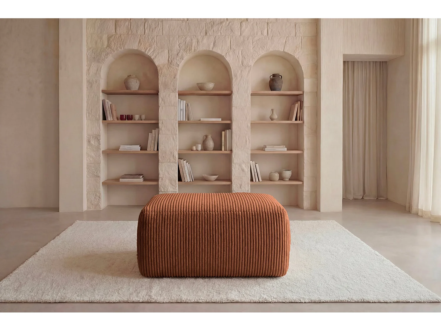 OLYMPE - Pouf en petit velours côtelé Terracotta 100x68x42