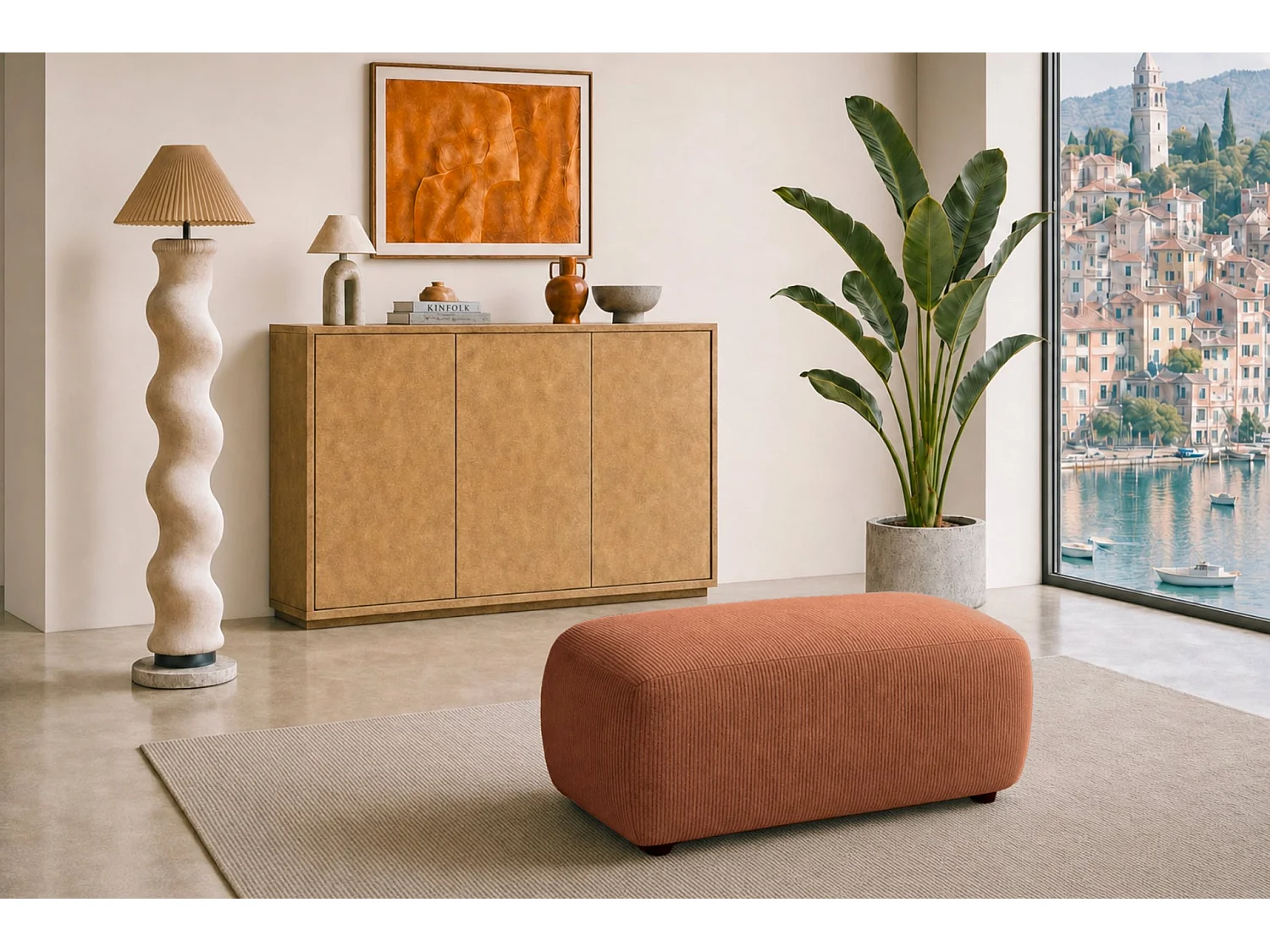 PORTOFINO - Pouf en petit velours côtelé Terracotta 105x57x40
