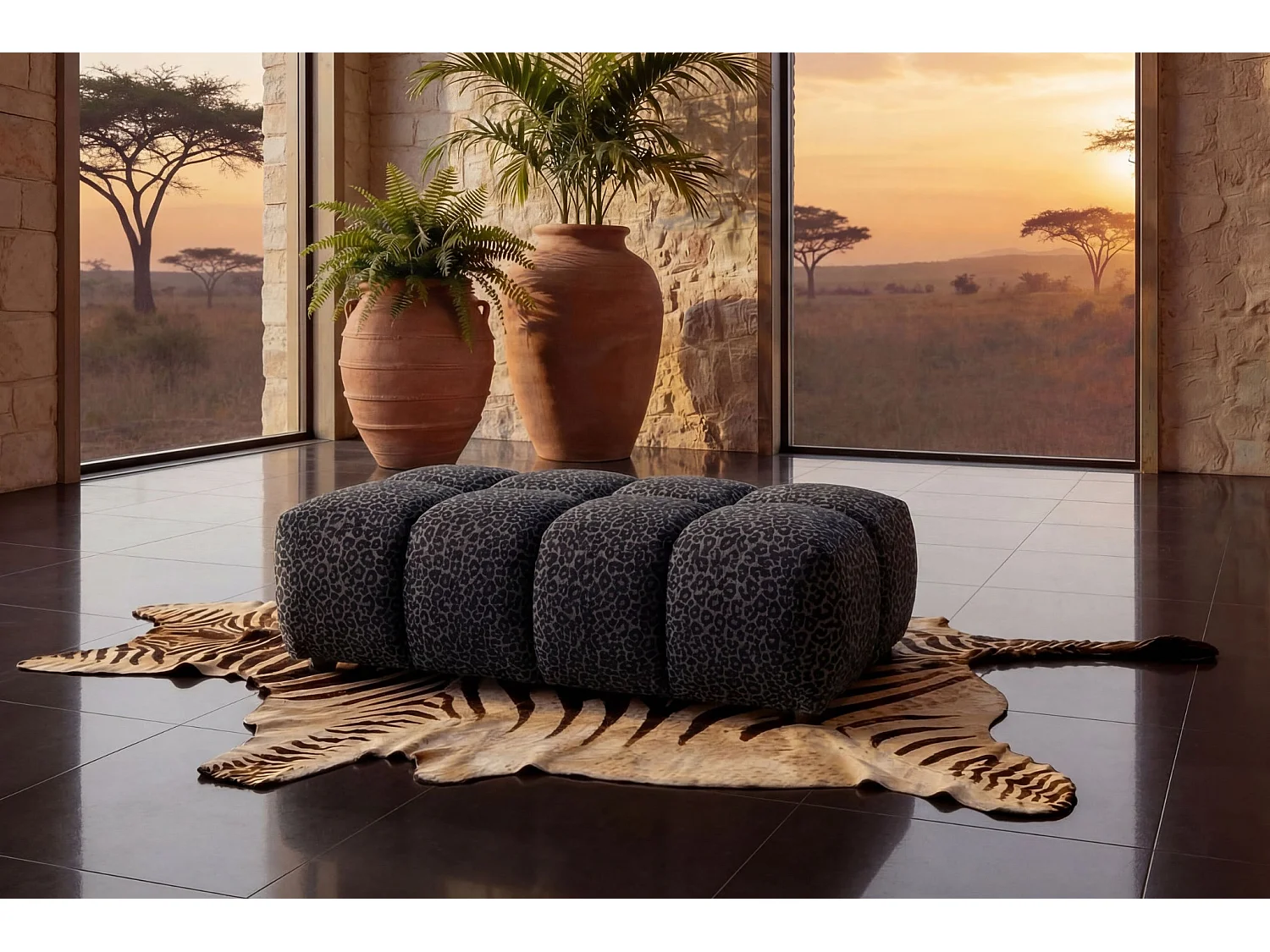 ALEXIA - Zwarte poef met dierenprint 120x60x40 cm