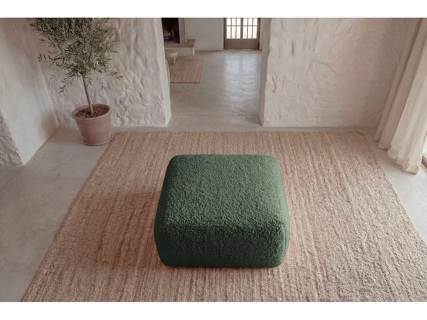 ELIO - Bouclette stoffen poef Groen 74x74x41 cm