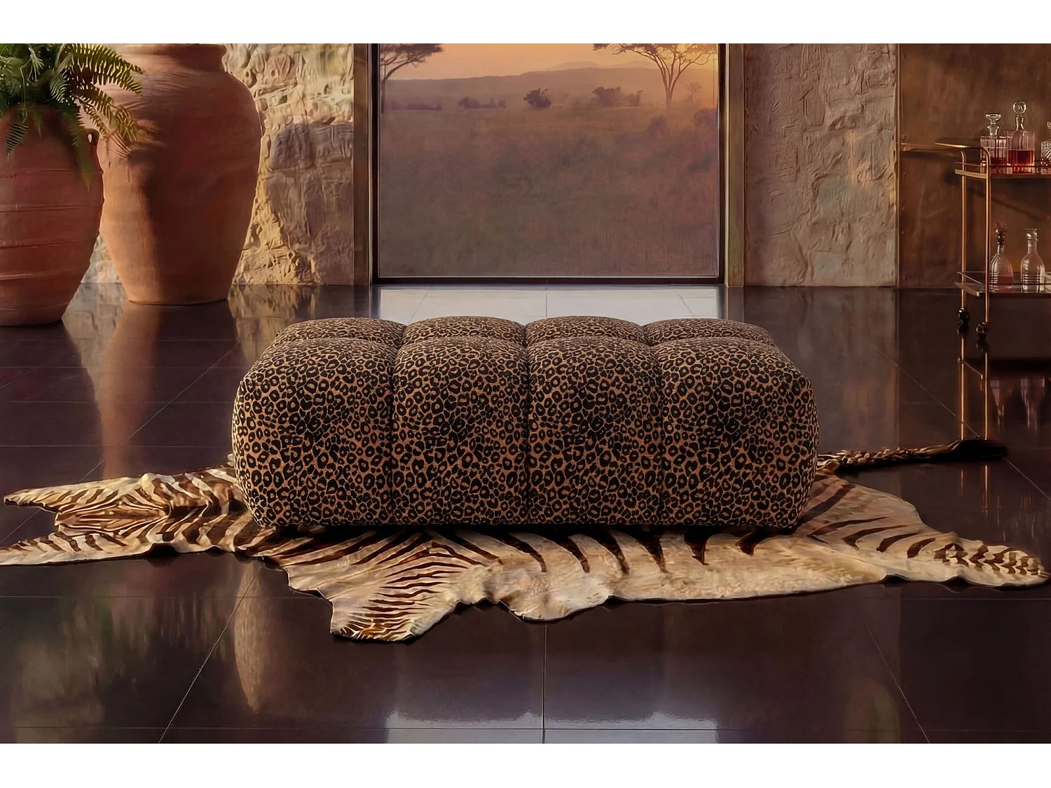 ALEXIA - Pouf en tissu imprimé animalier Terracotta 120x60x40