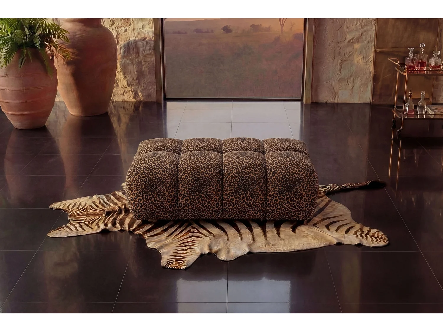 ALEXIA - Pouf en tissu imprimé animalier Terracotta 120x60x40