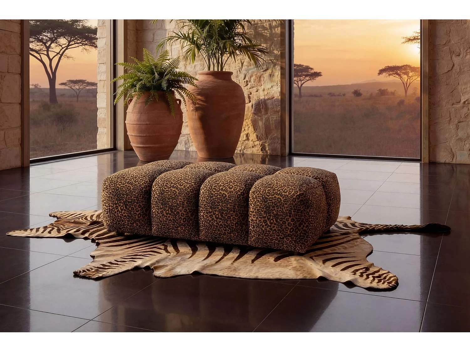 ALEXIA - Pouf en tissu imprimé animalier Terracotta 120x60x40