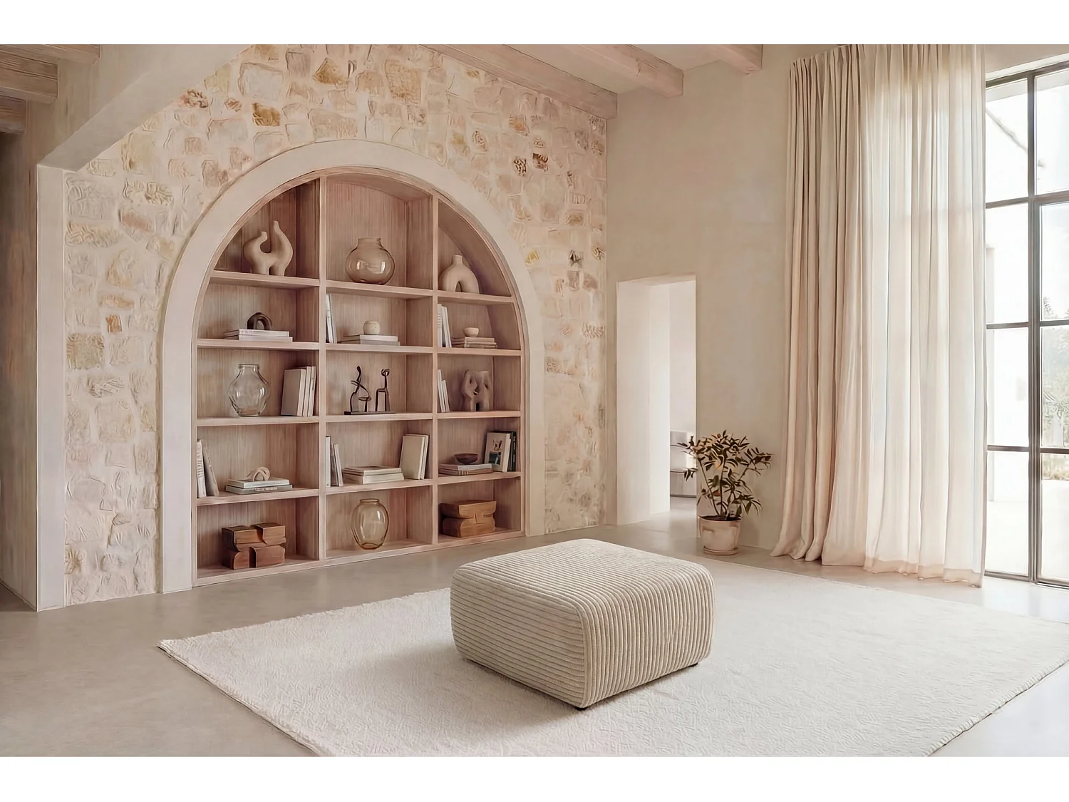 ELVIS - Pouf en gros velours côtelé Beige 96x87x44