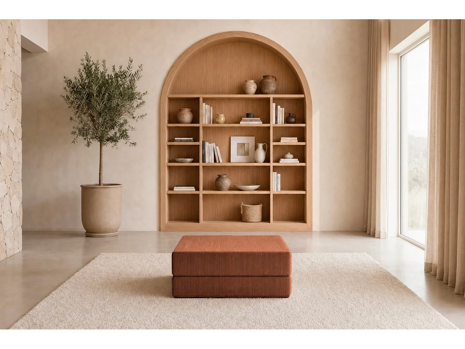 COSIMA - Pouf en petit velours côtelé Terracotta 100x80x34