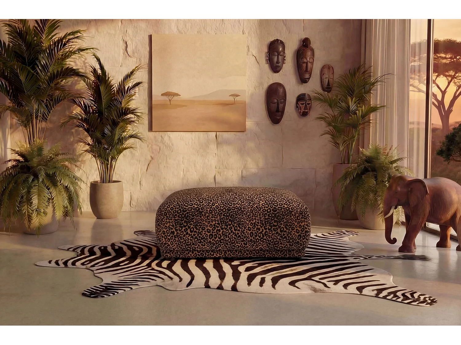 ROSALIE - Pouf en tissu imprimé animalier Terracotta 102x83x46