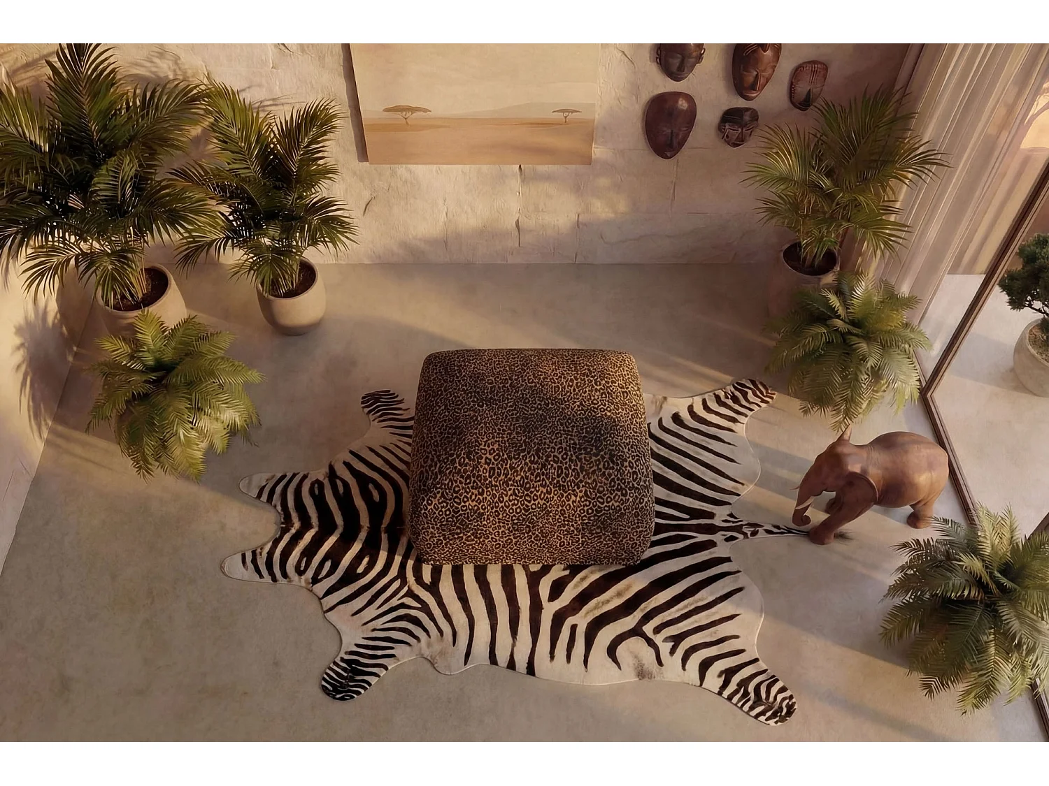 ROSALIE - Pouf en tissu imprimé animalier Terracotta 102x83x46