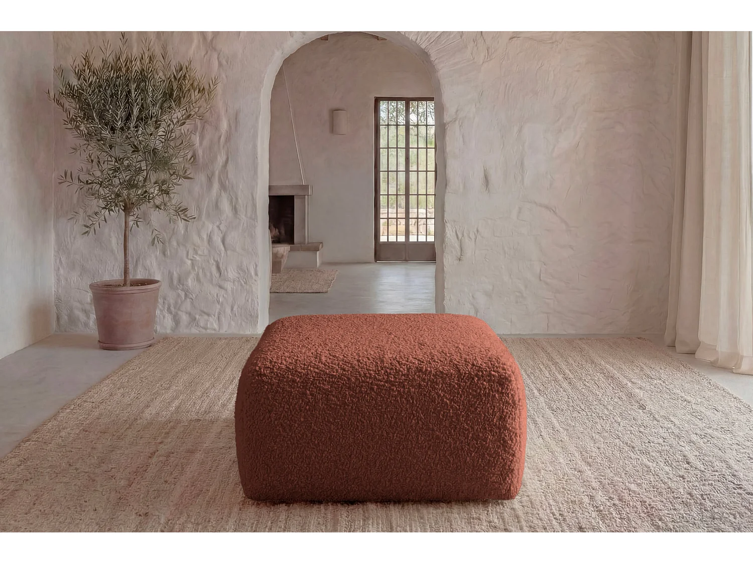 ELIO - Pouf en tissu bouclette Terracotta 74x74x41