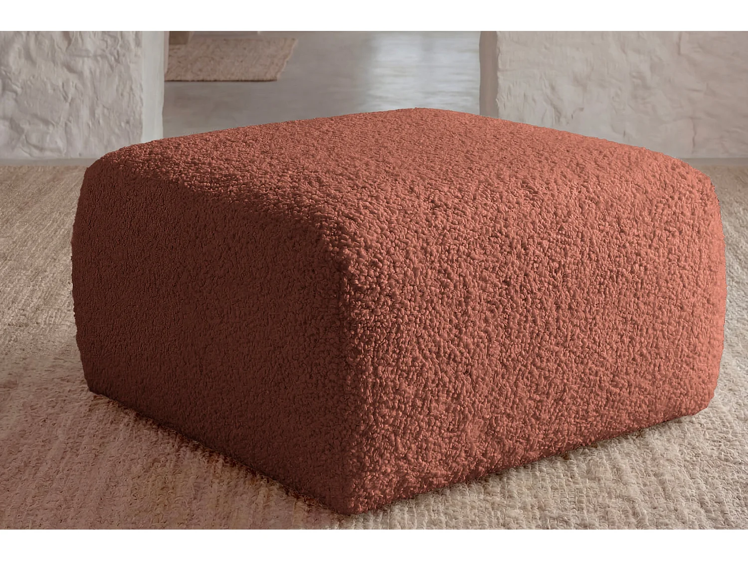 ELIO - Pouf en tissu bouclette Terracotta 74x74x41