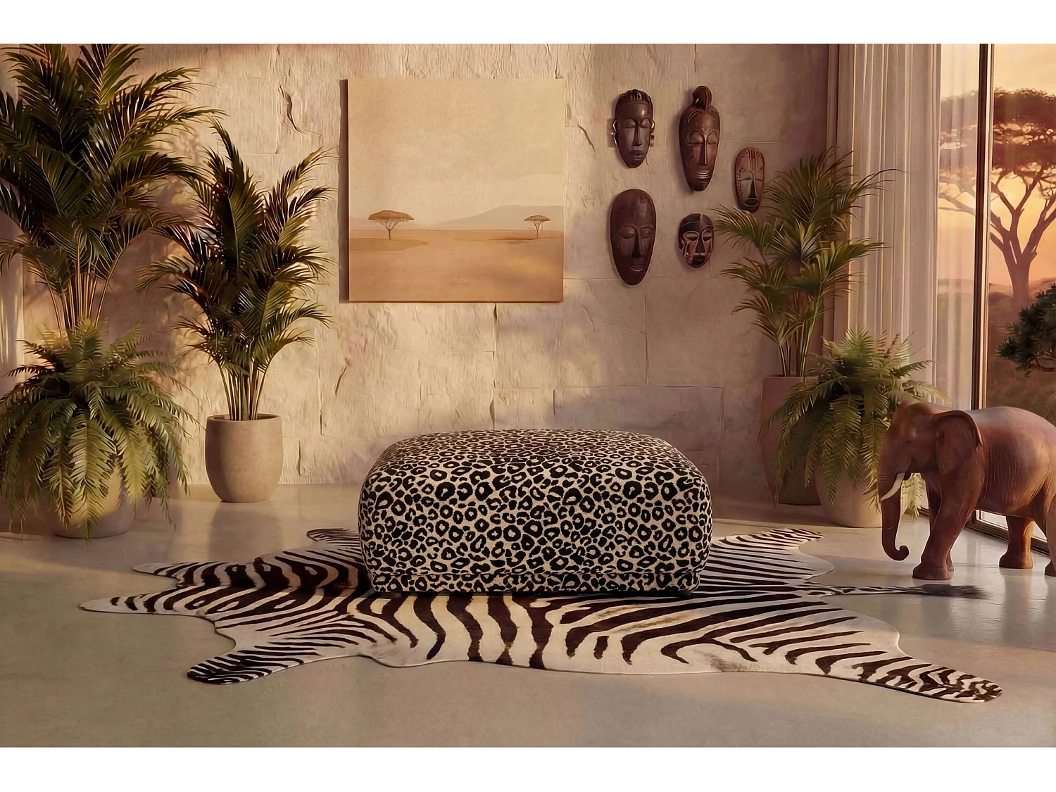 ROSALIE - Dierenprint stoffen poef Café 102x83x46 cm