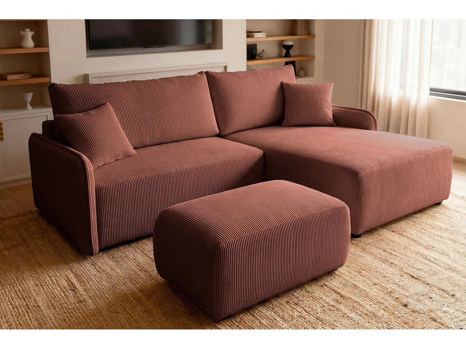 SACHA - Pouf en velours côtelé Terracotta 105x57x40