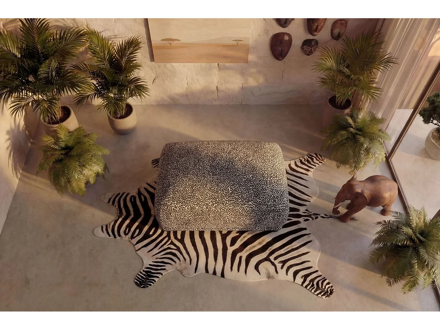 ROSALIE - Pouf en tissu imprimé animalier Blanc 102x83x46