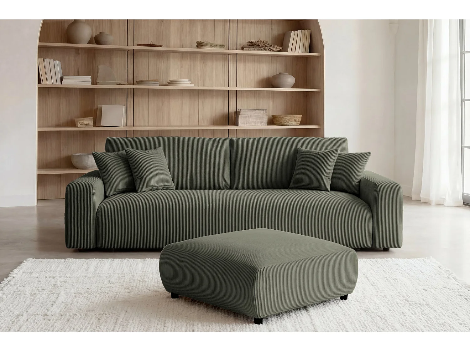 ENA - Groene ribfluwelen poef 88x88x37 cm
