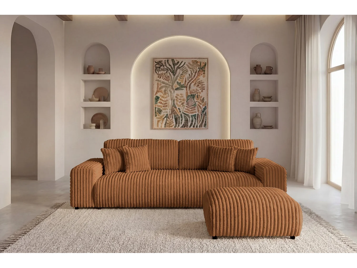 CAISA - Pouf en velours côtelé Terracotta 88x88x37