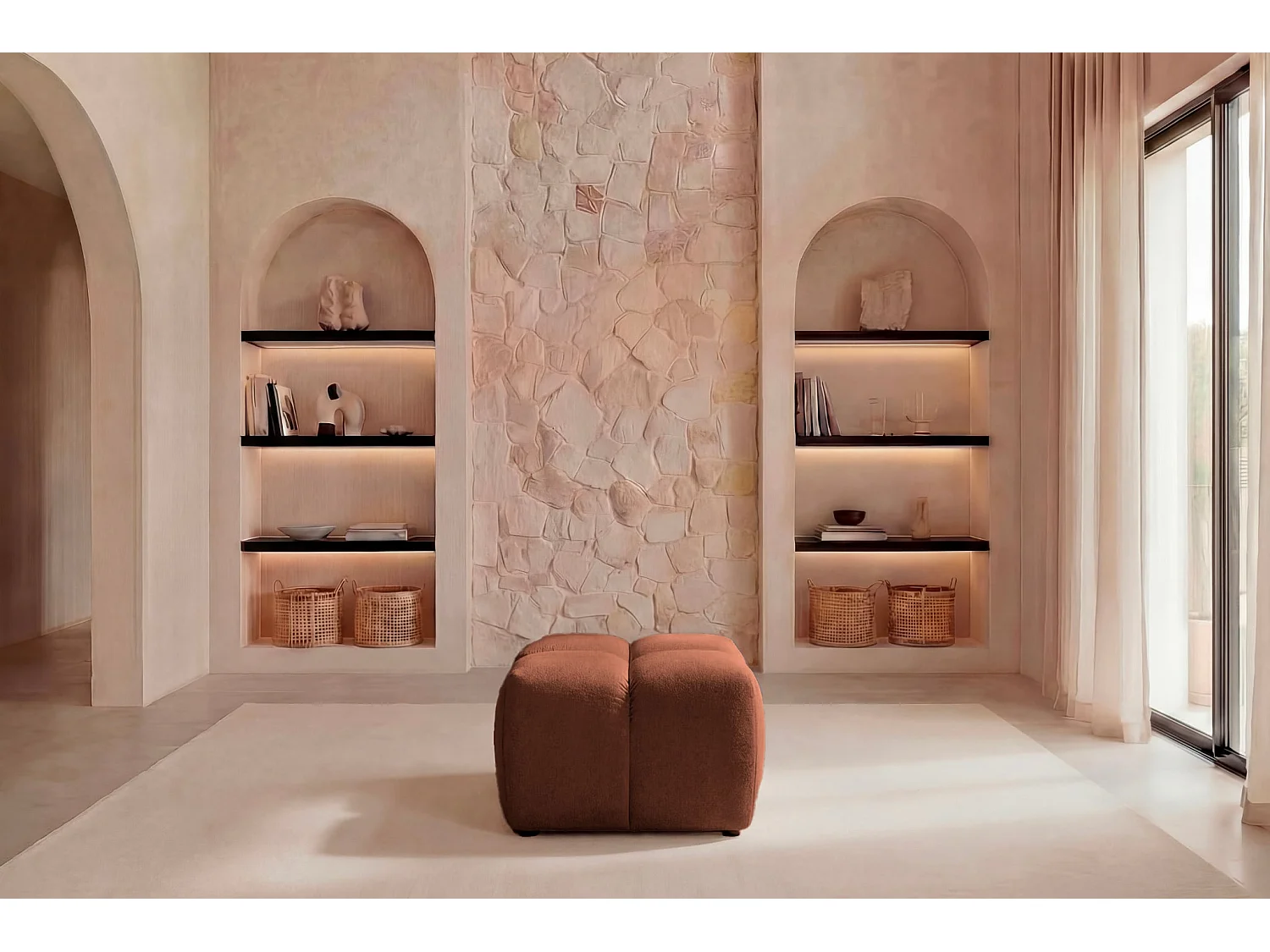 MARIA - Pouf en tissu lisse Terracotta 71x71x44