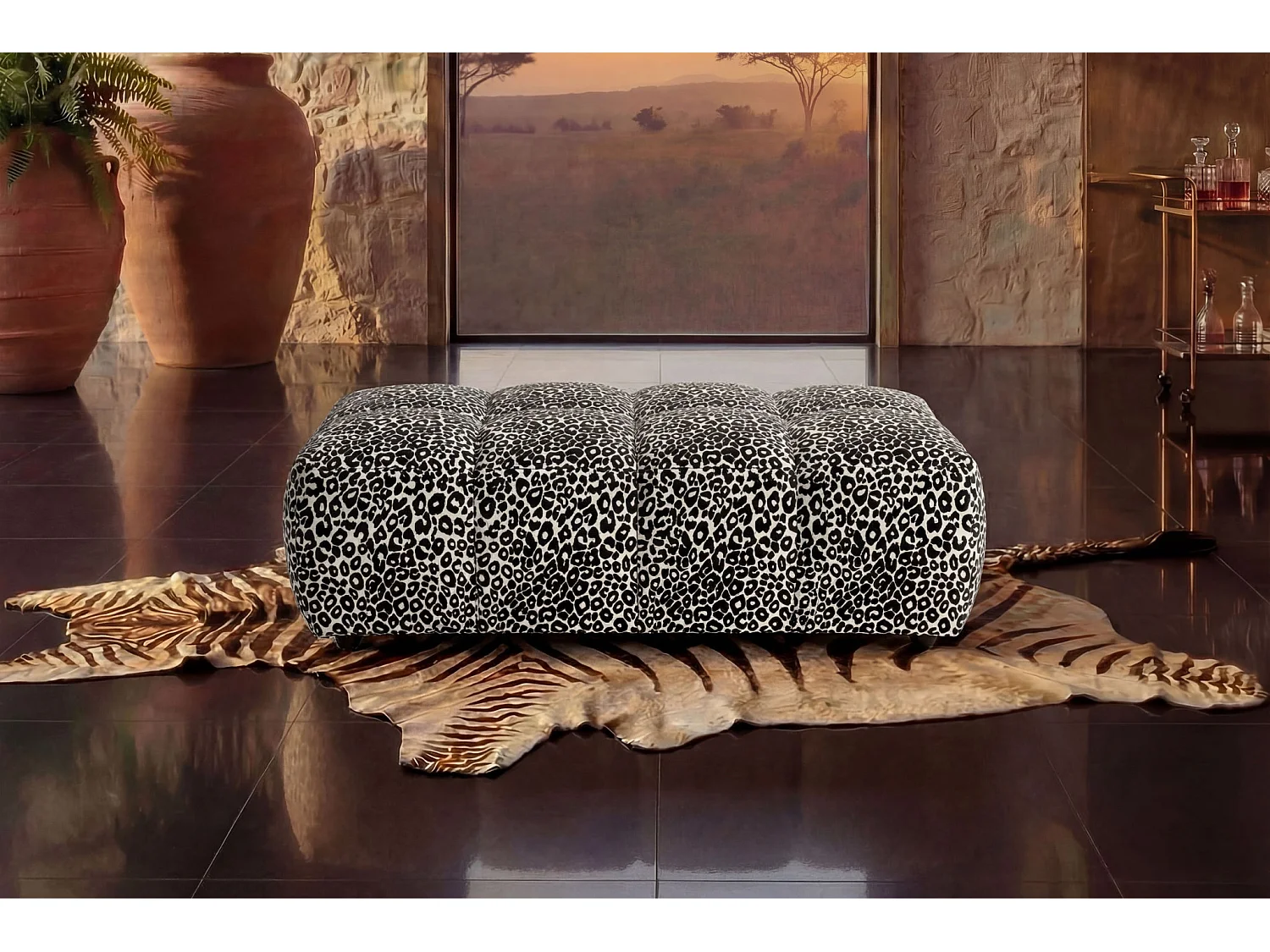 ALEXIA - Pouf en tissu imprimé animalier Blanc 120x60x40