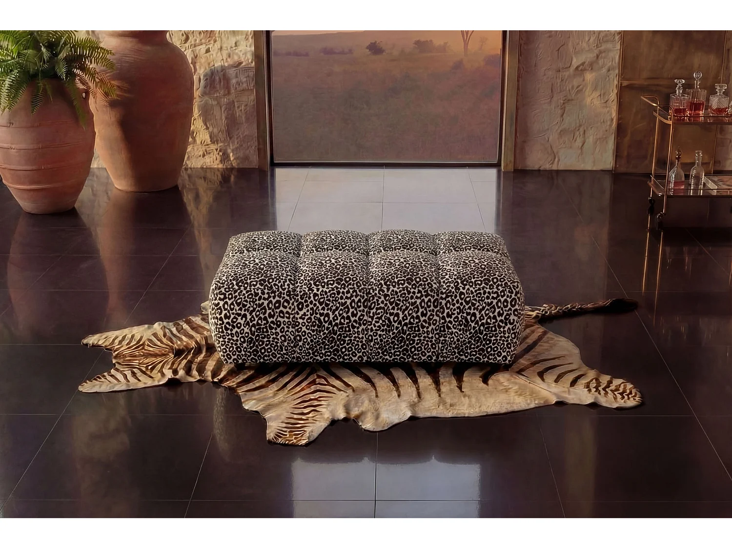 ALEXIA - Pouf en tissu imprimé animalier Blanc 120x60x40