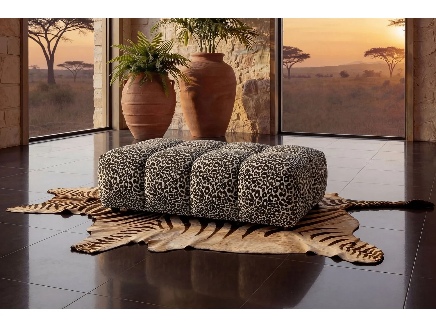 ALEXIA - Pouf en tissu imprimé animalier Blanc 120x60x40