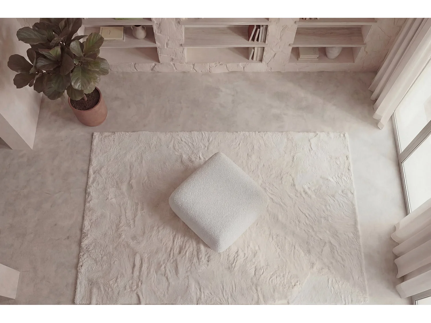 ARIEL - Pouf en tissu bouclette Beige 80x80x40