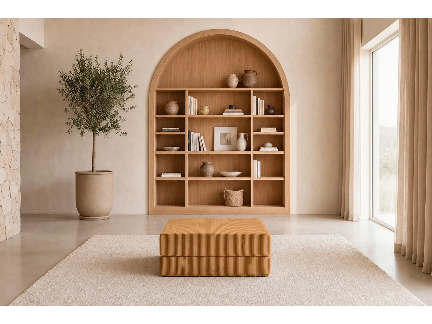COSIMA - Pouf en petit velours côtelé Moutarde 100x80x34