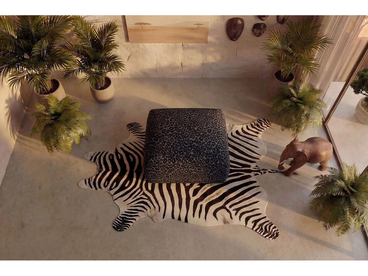 ROSALIE - Zwarte poef met dierenprint 102x83x46 cm
