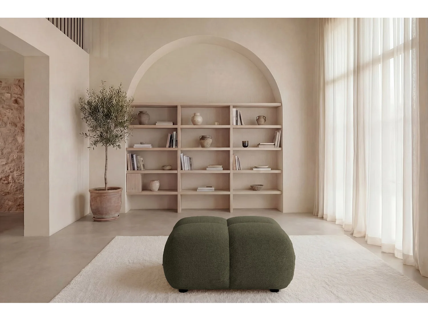 CONSTANCE - Groene chenille poef 72x72x43,5 cm