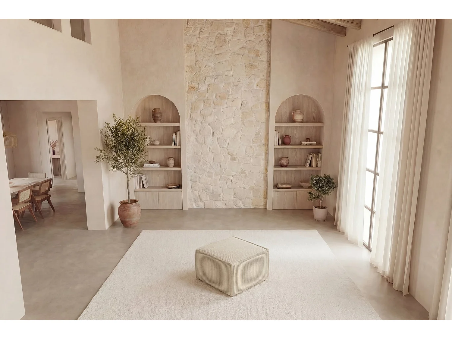 LARIA - Pouf en gros velours côtelé Beige 76x76x41