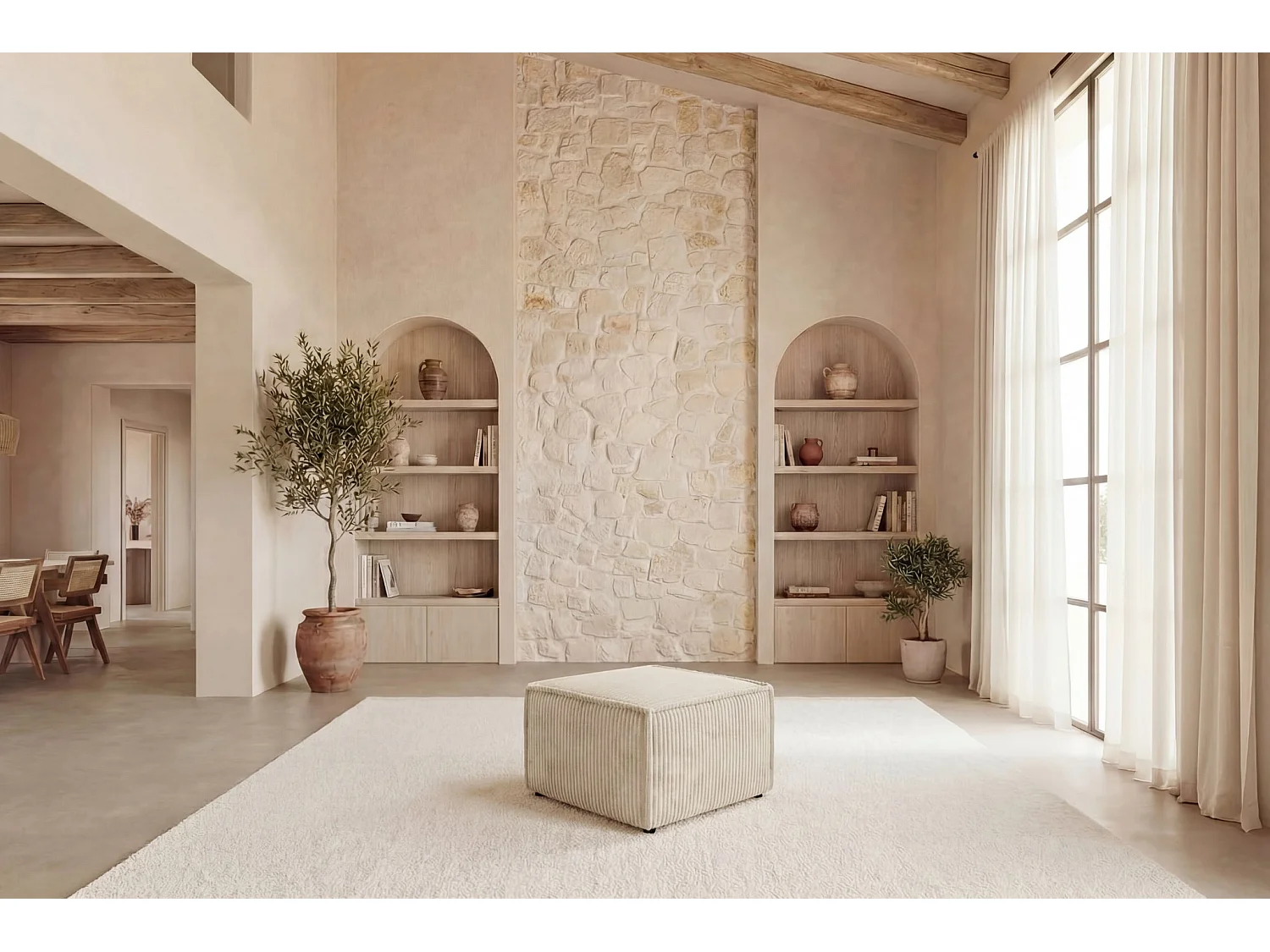 LARIA - Pouf en gros velours côtelé Beige 76x76x41