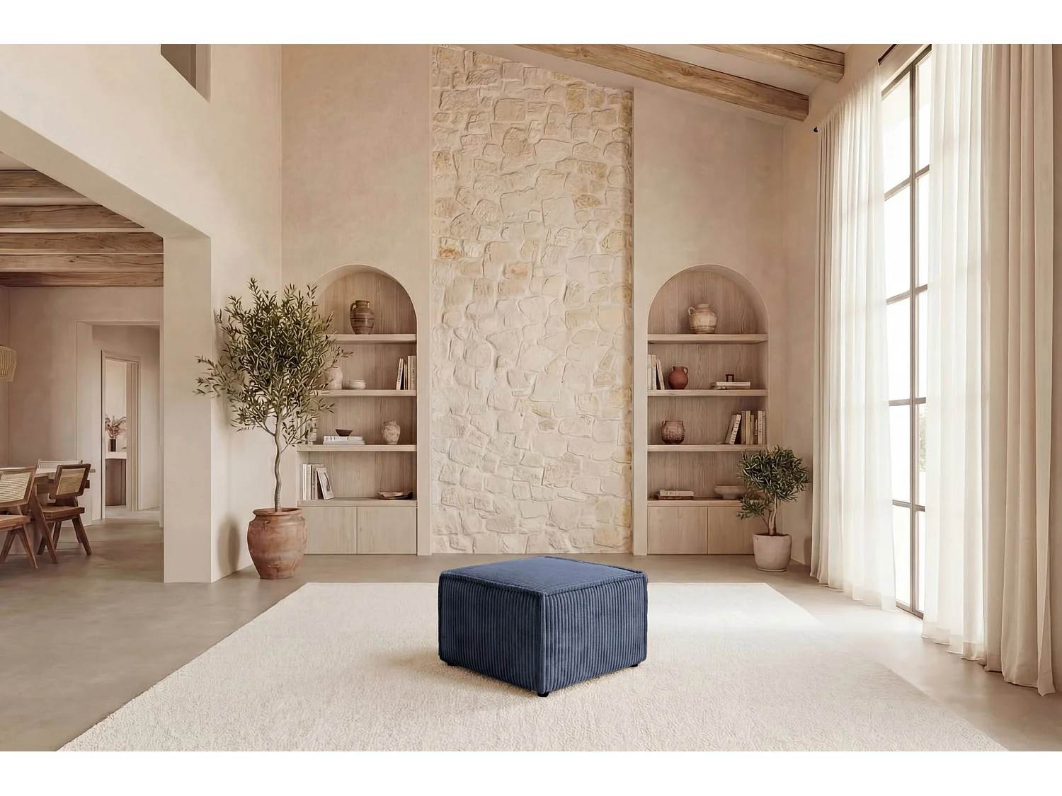 LARIA - Pouf en gros velours côtelé Beige 76x76x41
