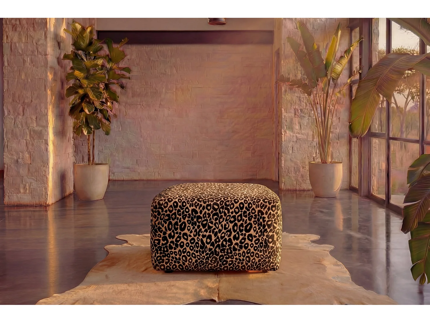 ELIO - Pouf en tissu imprimé animalier Terracotta 74x74x41