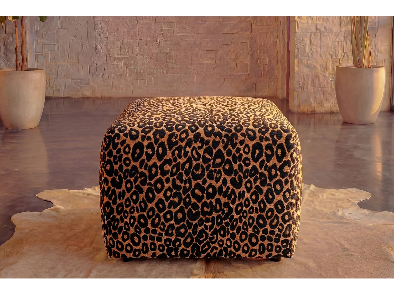 ELIO - Pouf en tissu imprimé animalier Terracotta 74x74x41
