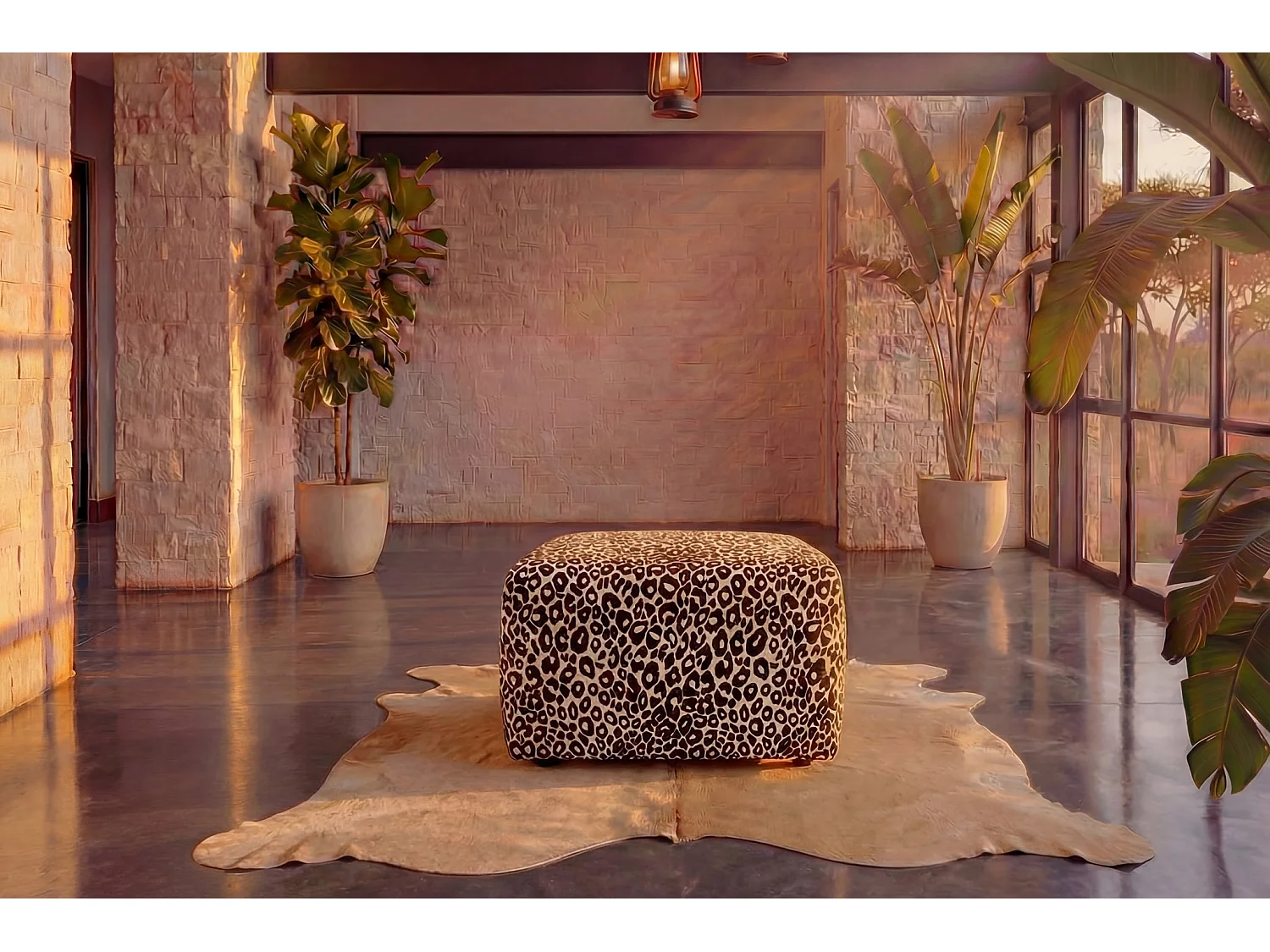 ELIO - Dierenprint stoffen poef Café 74x74x41 cm