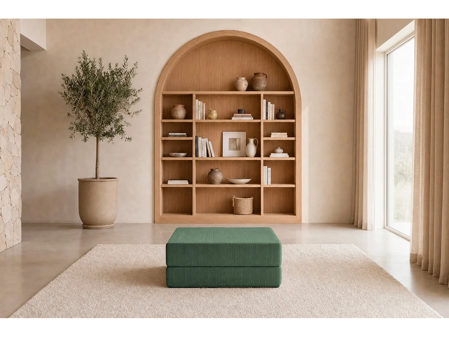 COSIMA - Pouf en petit velours côtelé Vert sapin 100x80x34