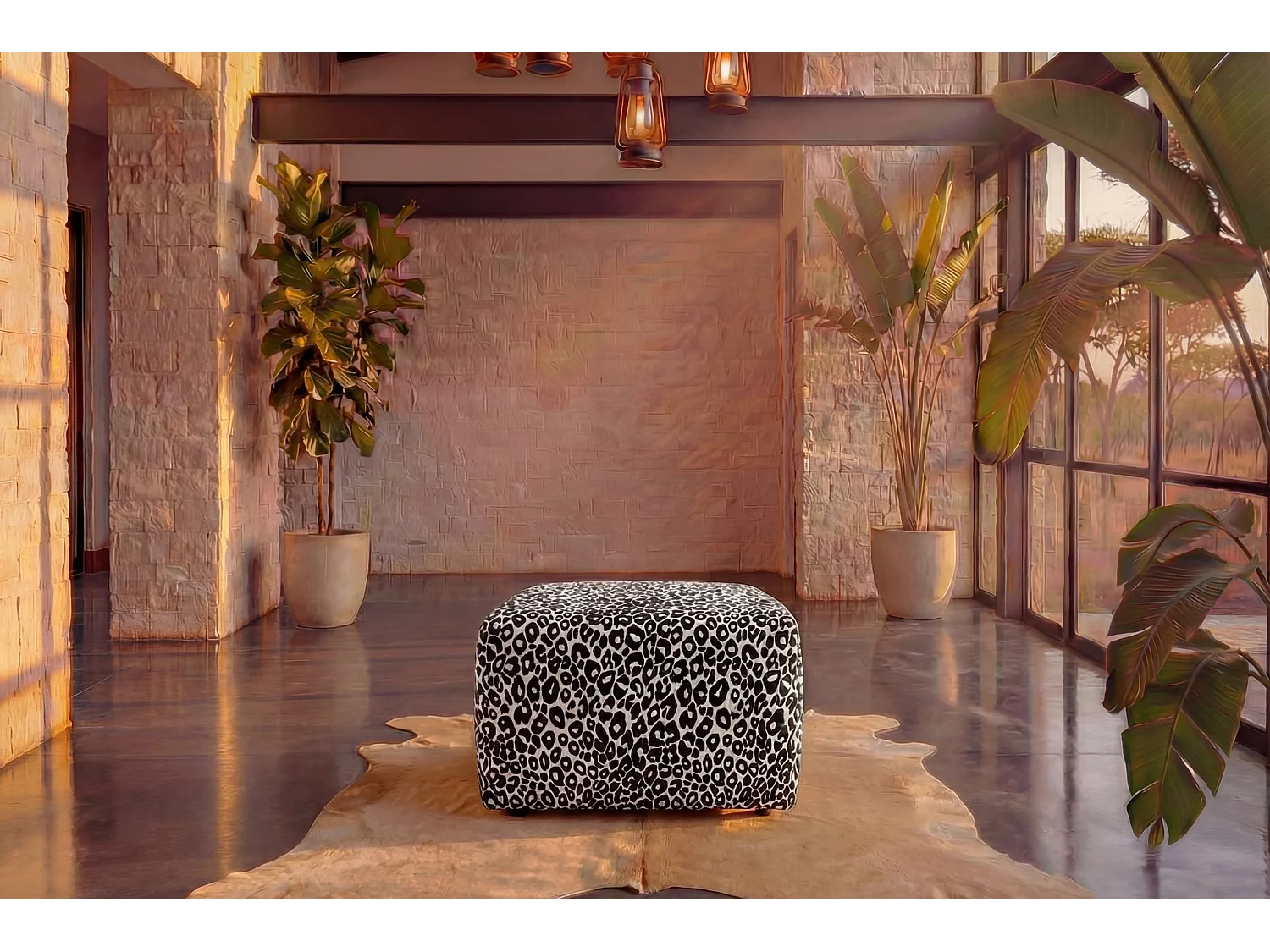 ELIO - Pouf en tissu imprimé animalier Blanc 74x74x41