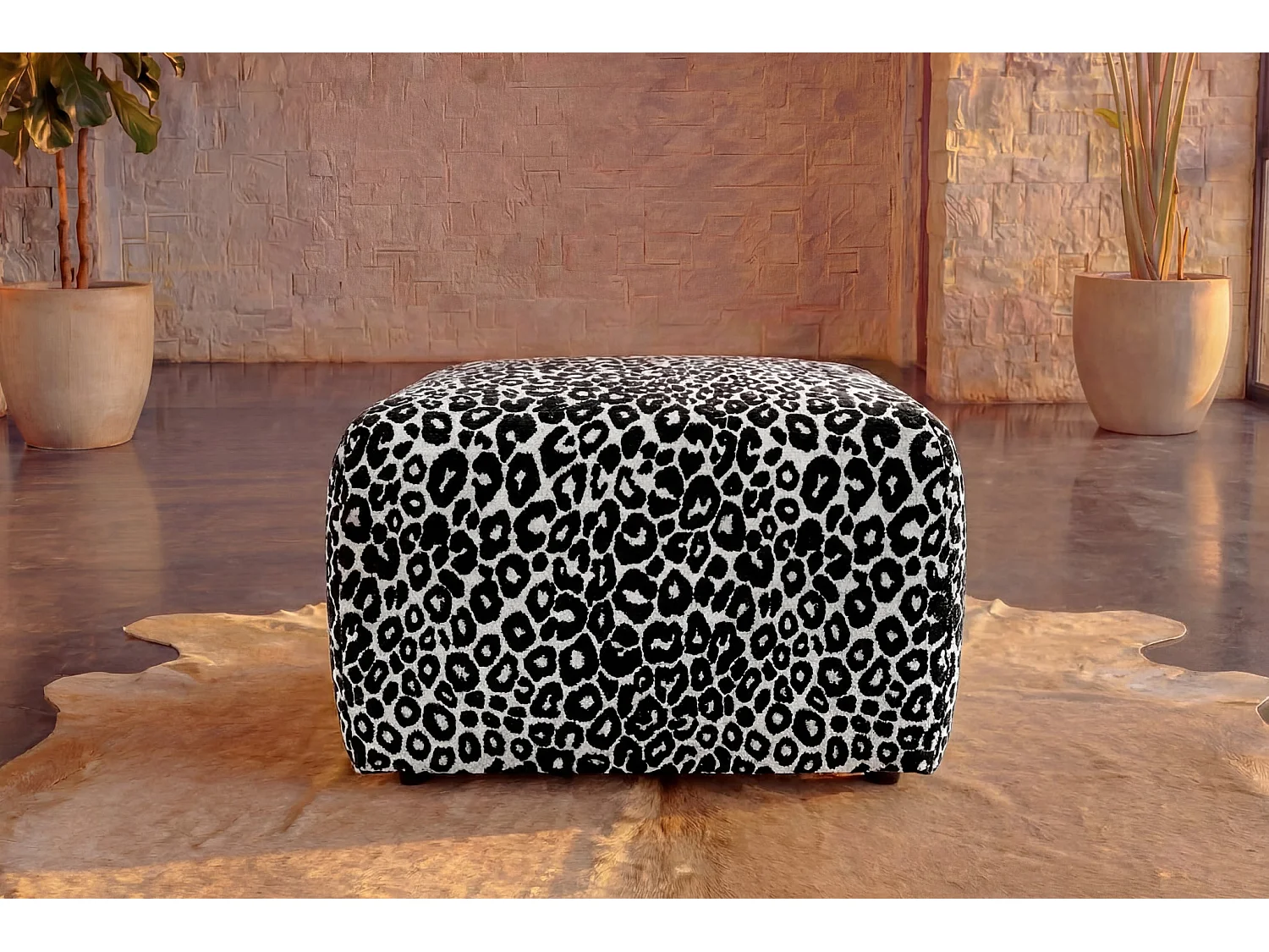 ELIO - Pouf en tissu imprimé animalier Blanc 74x74x41