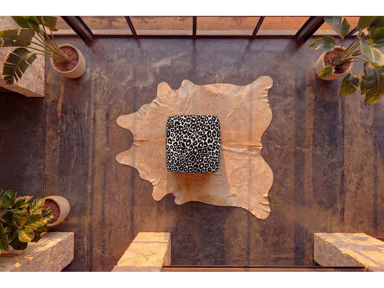 ELIO - Pouf en tissu imprimé animalier Blanc 74x74x41