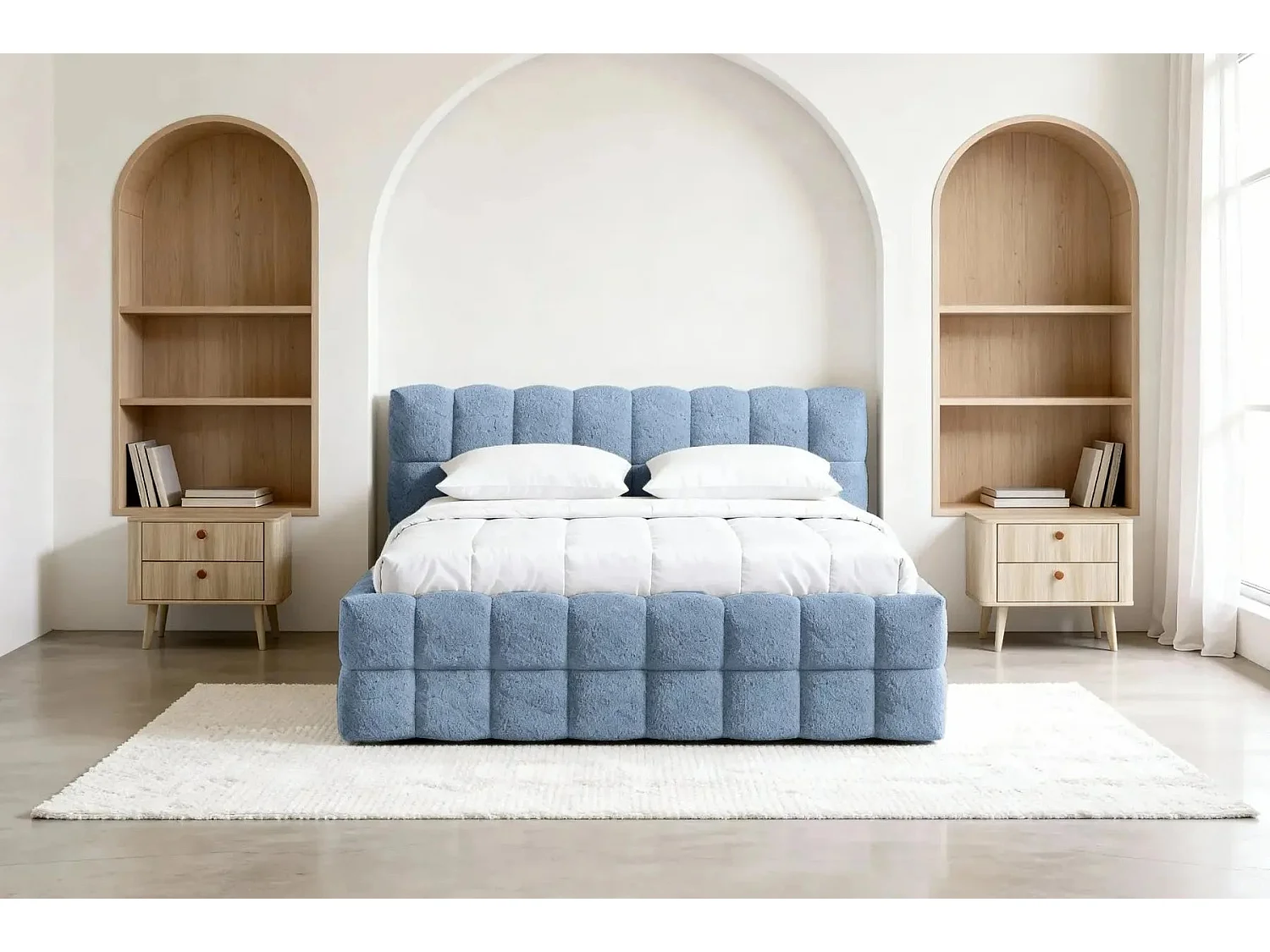 VOLTAIRE - Hemelbed in blauwe bouclette stof 160x200cm