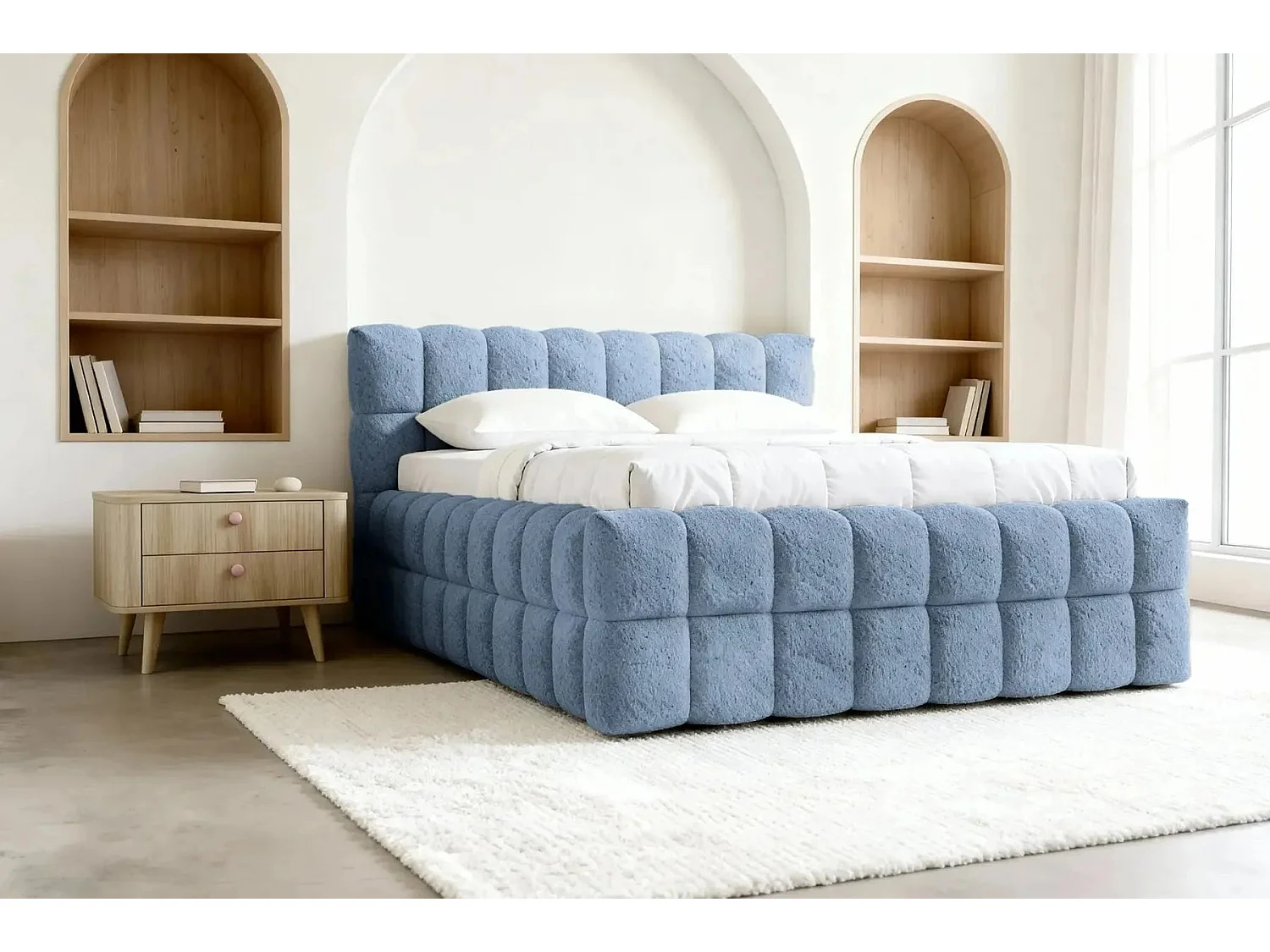 VOLTAIRE - Hemelbed in blauwe bouclette stof 160x200cm