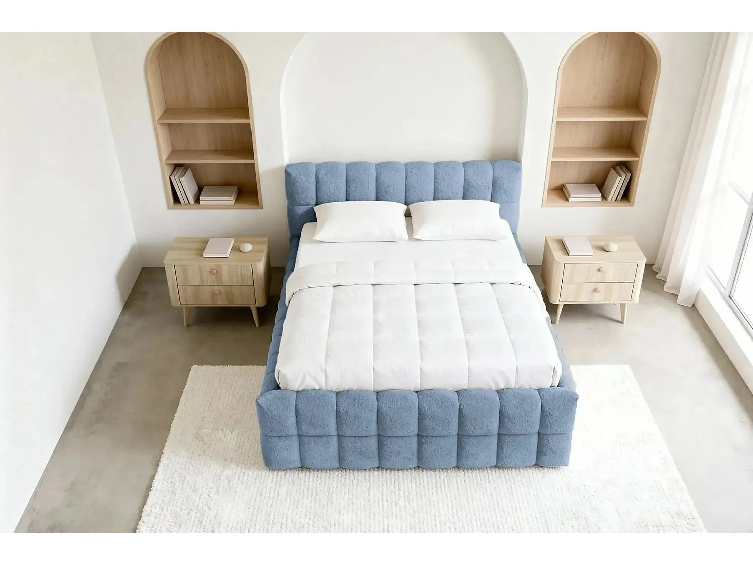 VOLTAIRE - Hemelbed in blauwe bouclette stof 160x200cm