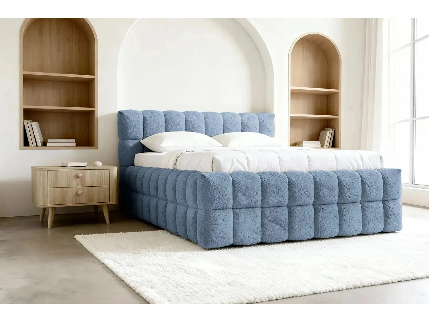 VOLTAIRE - Hemelbed in blauwe bouclette stof 160x200cm