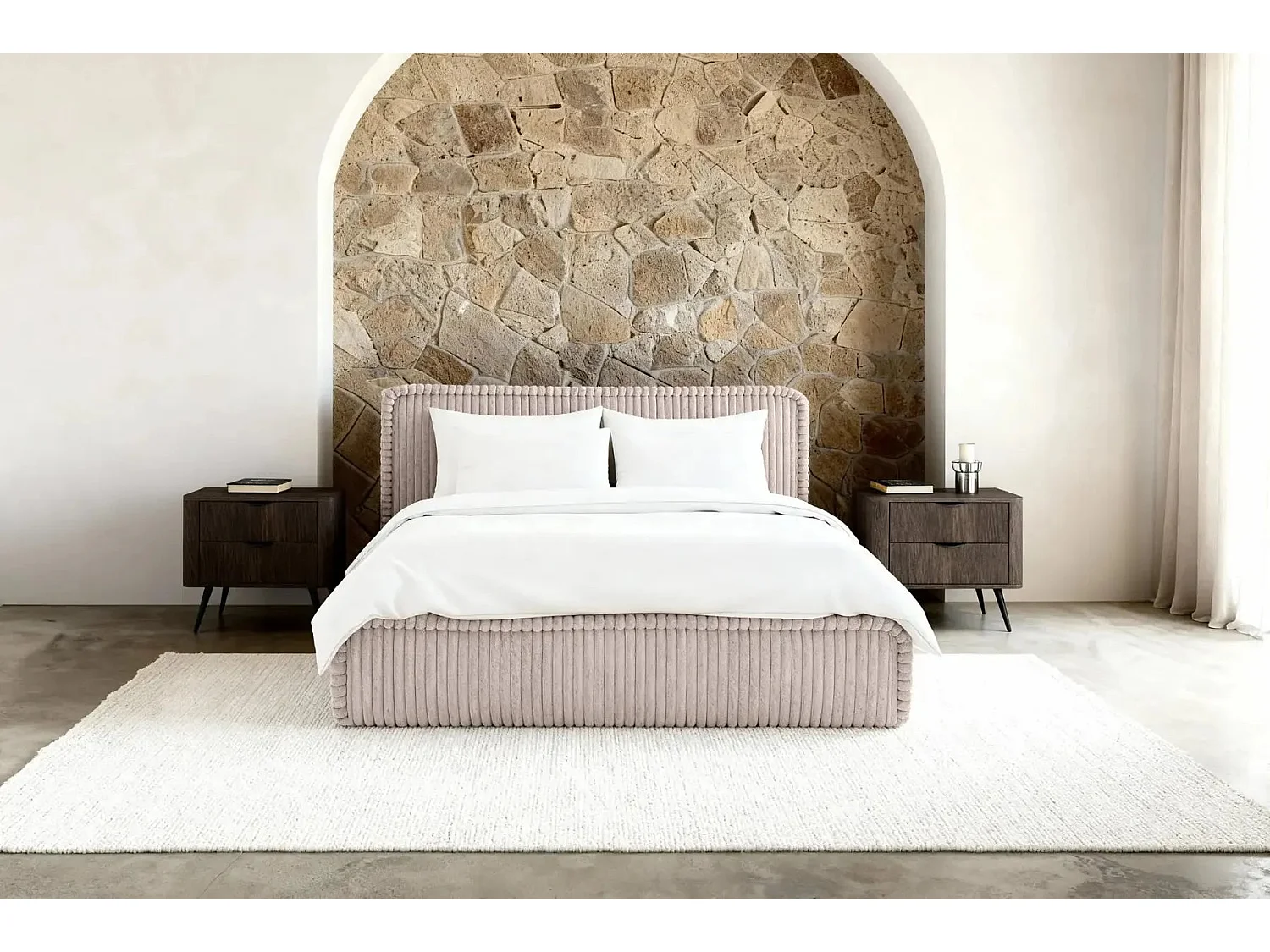 CAPUCINE - Lit coffre velours côtelé Rose 200x200cm