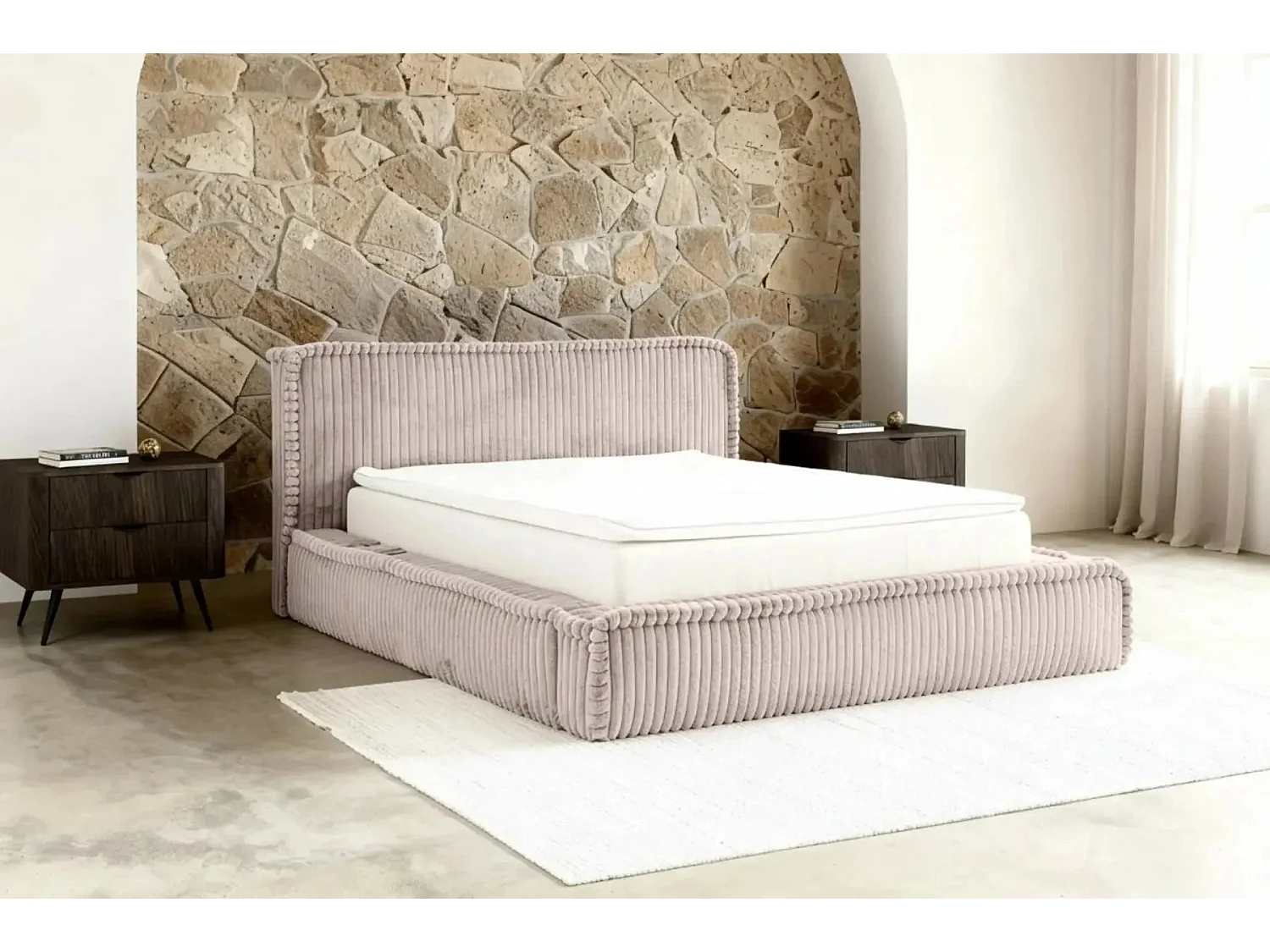 CAPUCINE - Lit coffre velours côtelé Rose 200x200cm