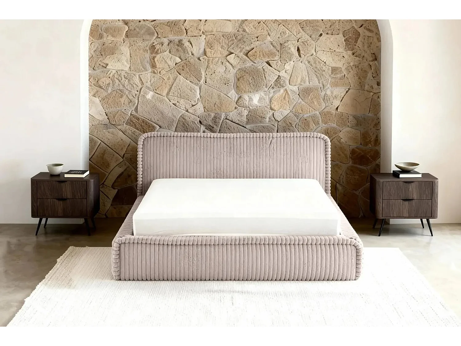 CAPUCINE - Lit coffre velours côtelé Rose 200x200cm