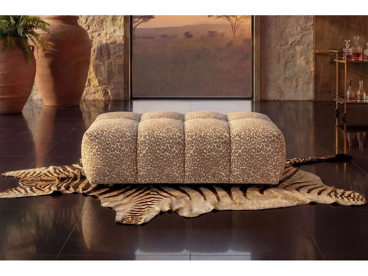 ALEXIA - Pouf en tissu imprimé animalier Beige 120x60x40