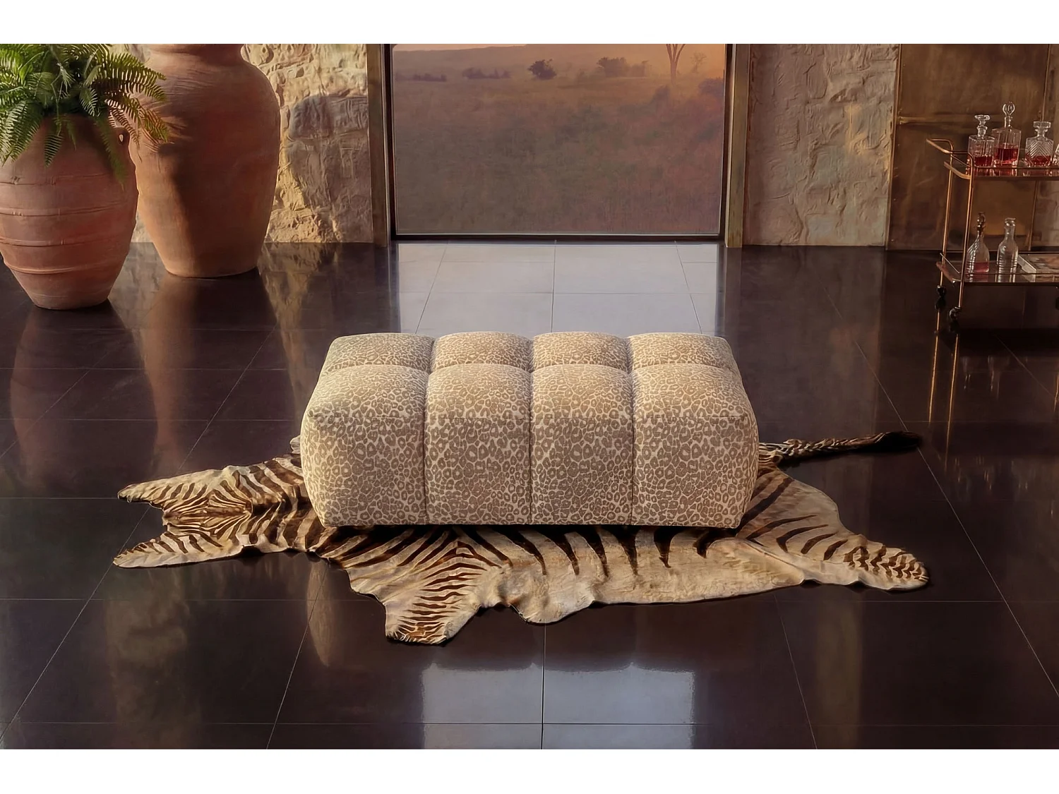 ALEXIA - Pouf en tissu imprimé animalier Beige 120x60x40